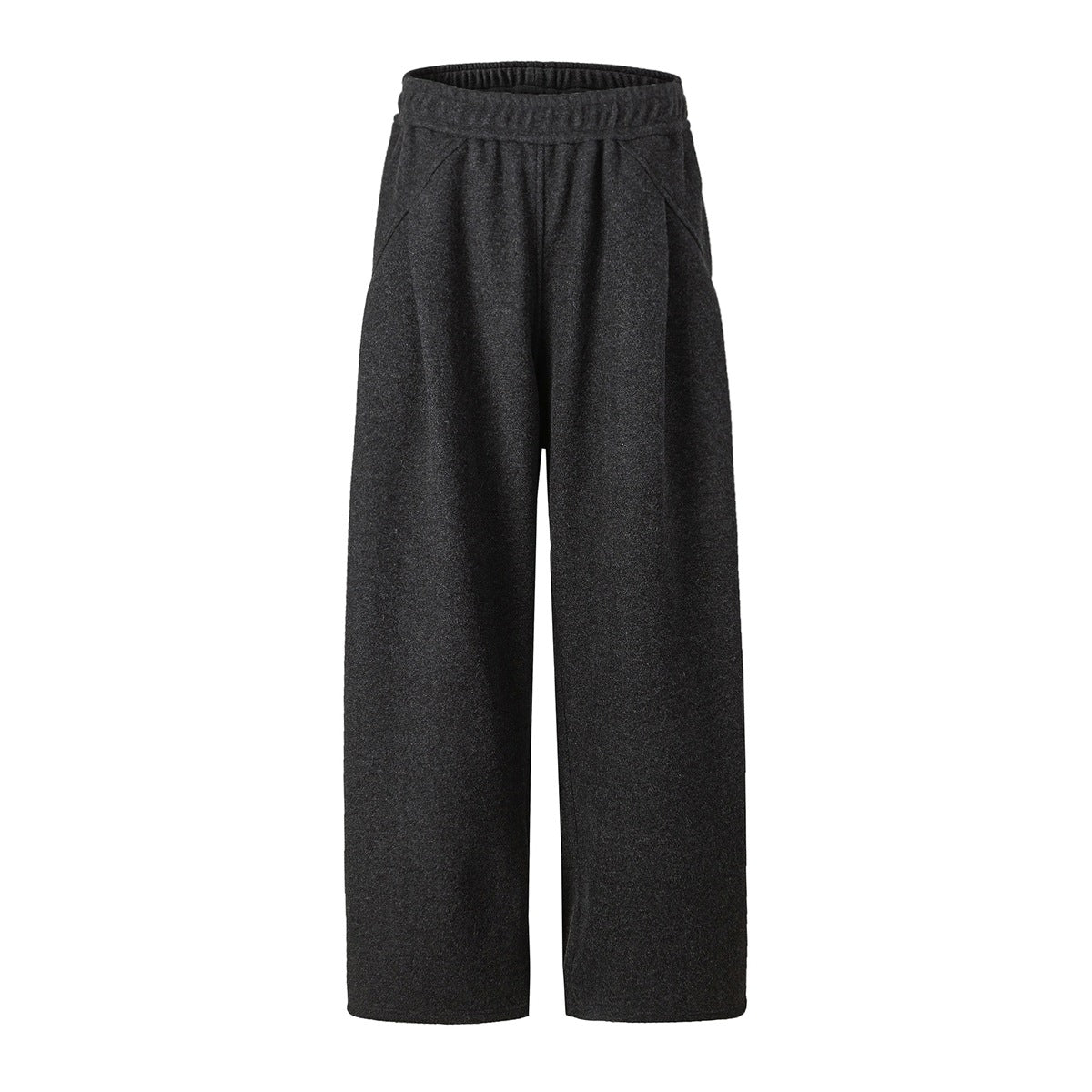 Black wide-leg pants with an elastic waistband and diagonal front hip seams, flat front view