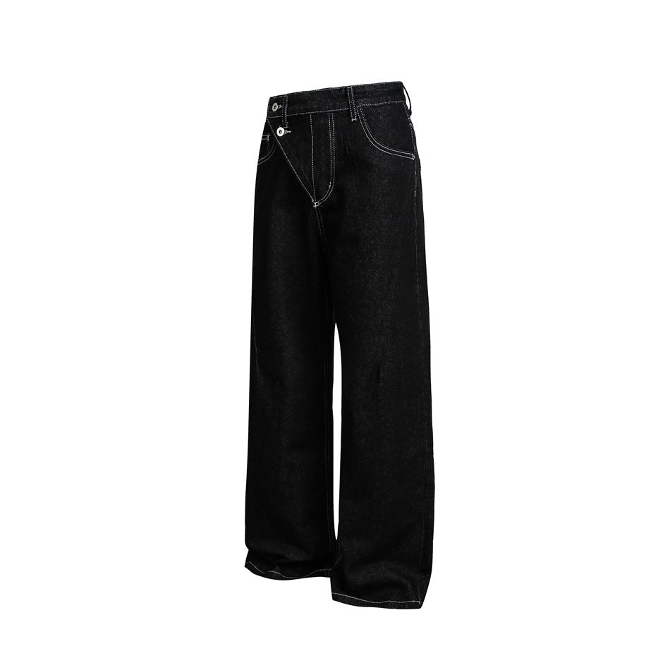 Black wide-leg jeans shown from the front on a white background, with contrast stitching and a button fly.