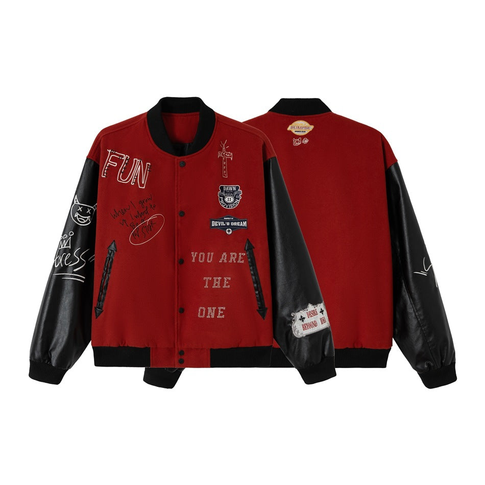 Red varsity jacket with black sleeves and graphic details, shown from the front and back against a white background.