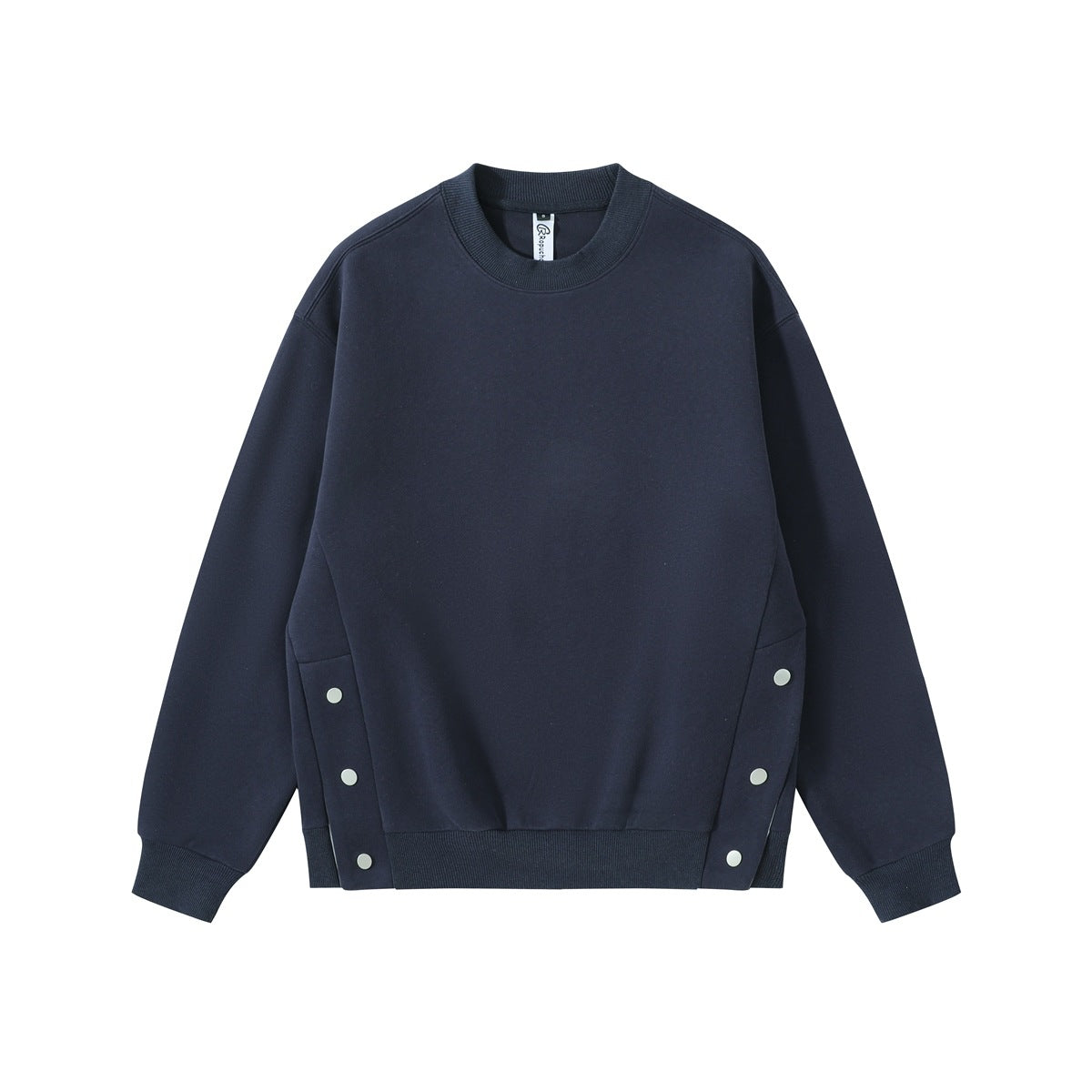Navy crew-neck sweatshirt flat lay with ribbed trim and metal snap buttons along both side seams