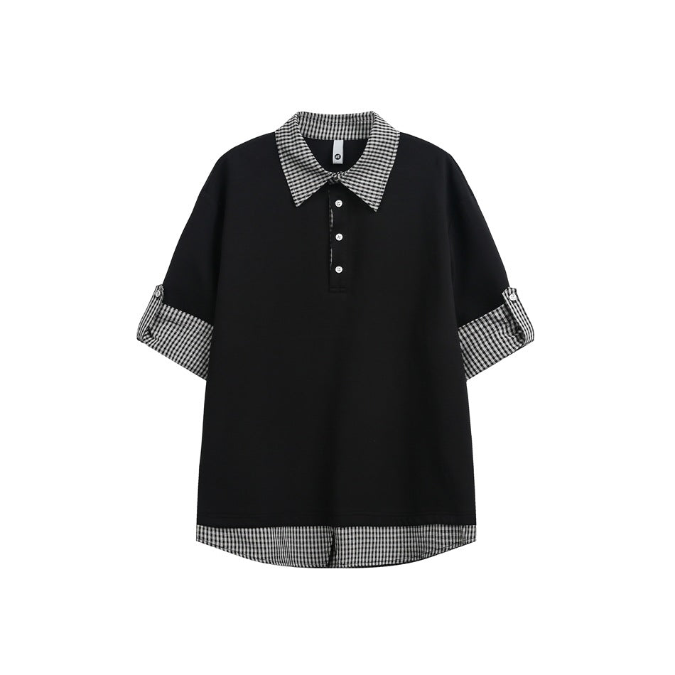 Black short-sleeve polo-style top with gingham collar, button placket, rolled check sleeves and check hem layer