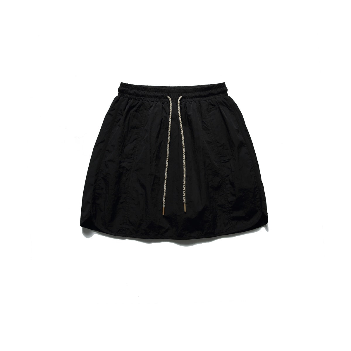 Black drawstring mini skort laid flat, front view, with braided cord and scalloped side hems