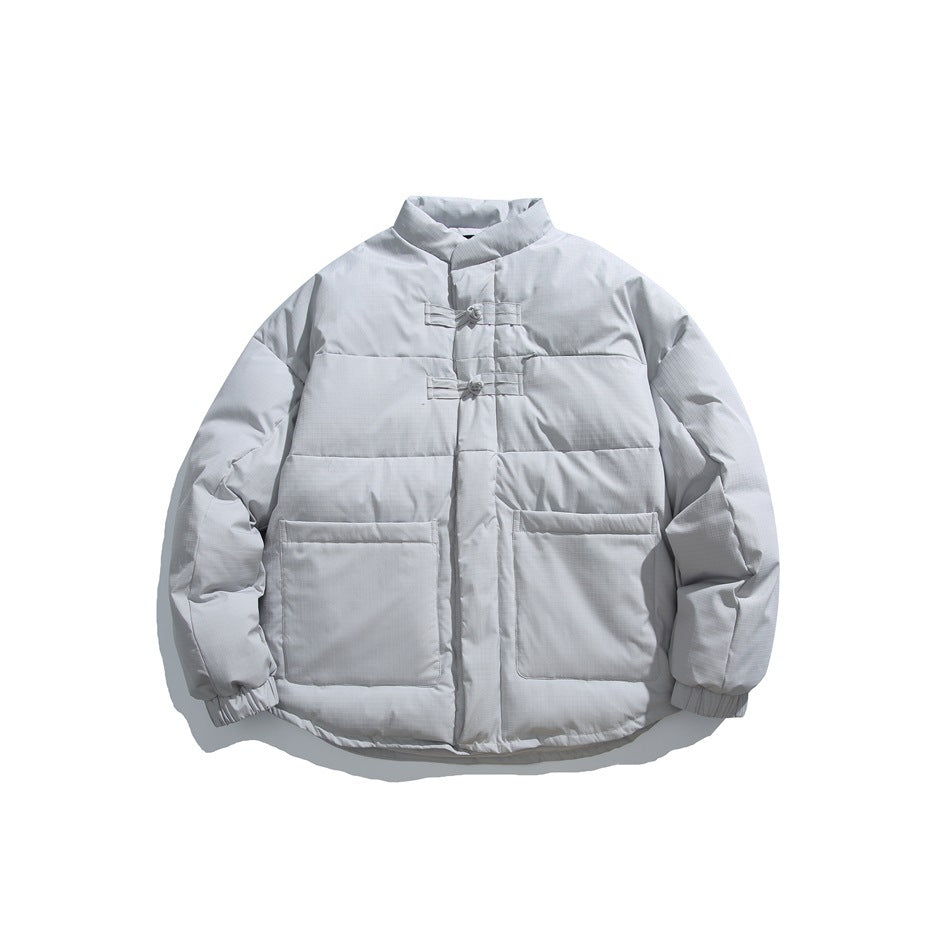 Light gray stand-collar quilted puffer jacket with frog knot fasteners and two patch pockets, front flat lay
