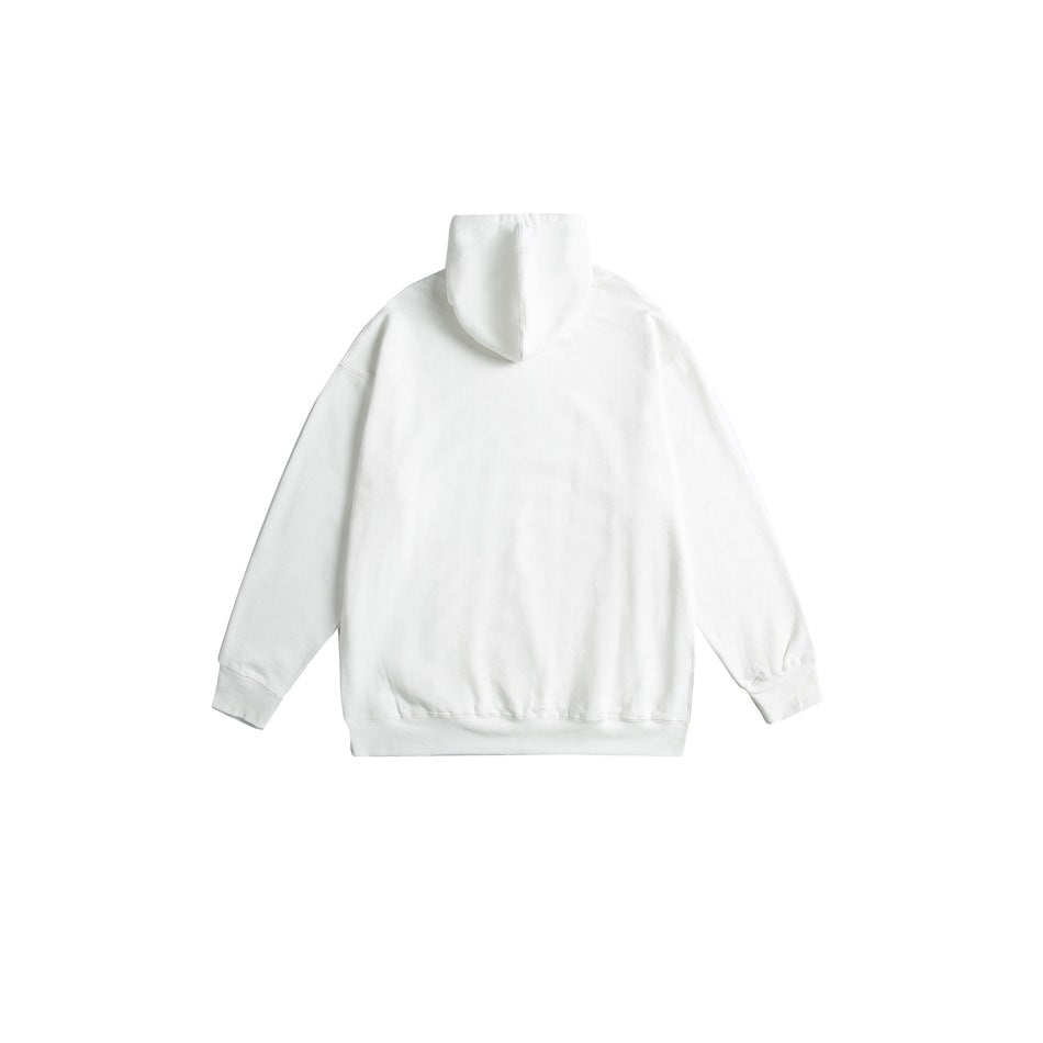 Back view of a plain white pullover hoodie with a hood, long sleeves, ribbed cuffs, and hem.