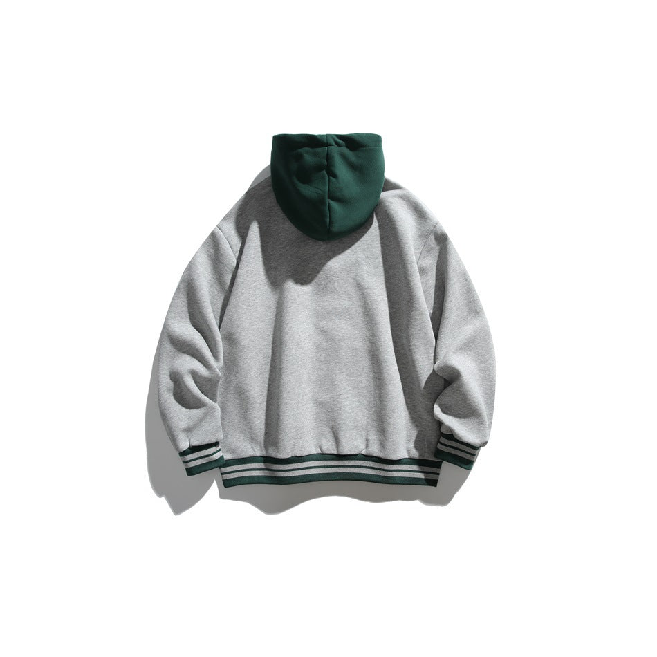 Back view of a gray hoodie with a dark green hood and green-striped cuffs and hem, displayed flat.
