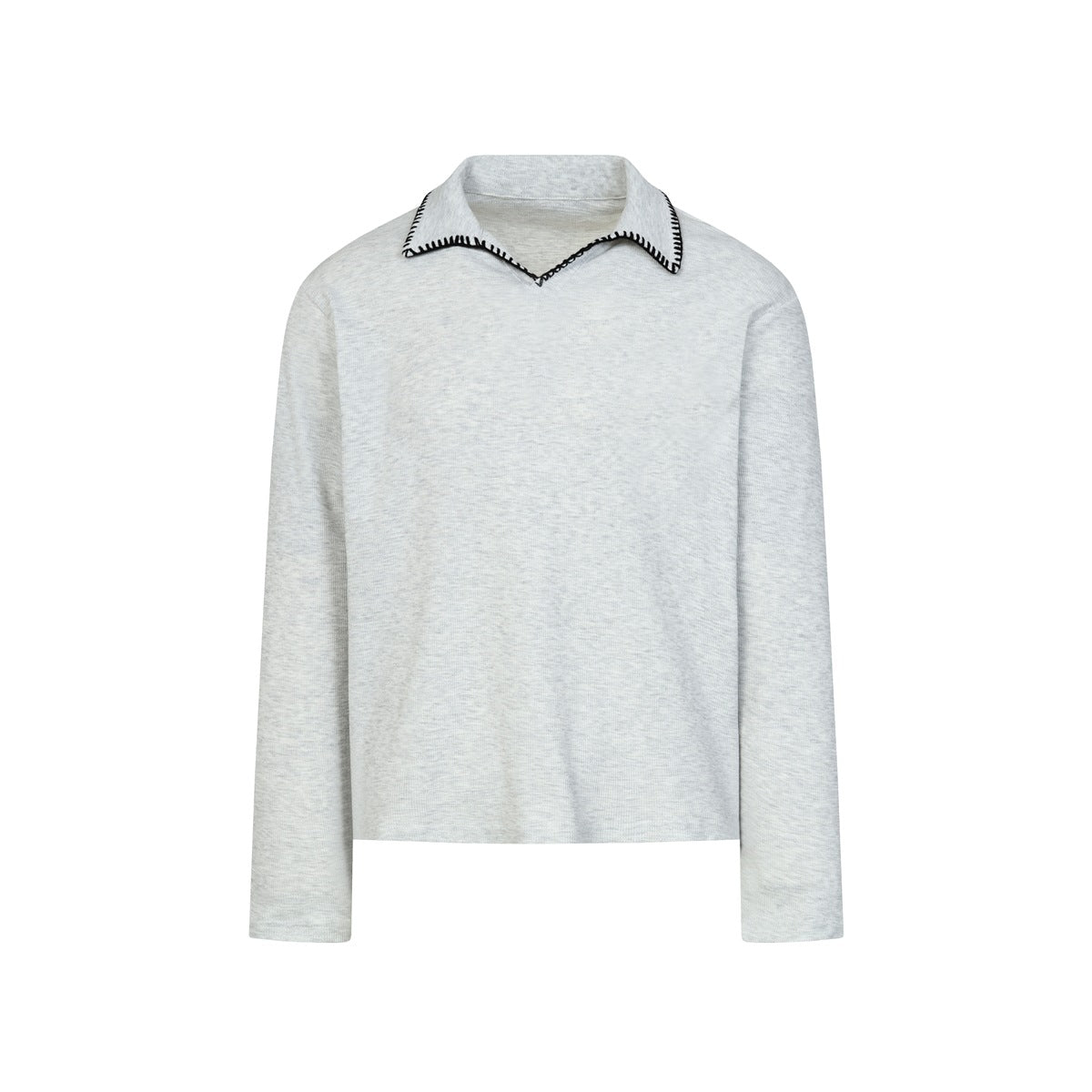 Heather gray long-sleeve pullover with polo collar and black contrast stitching on the collar edge, flat front view