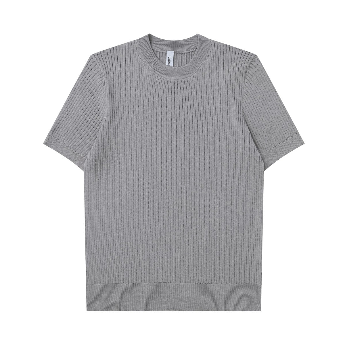 Silver gray short-sleeve ribbed knit crew-neck top laid flat, front view
