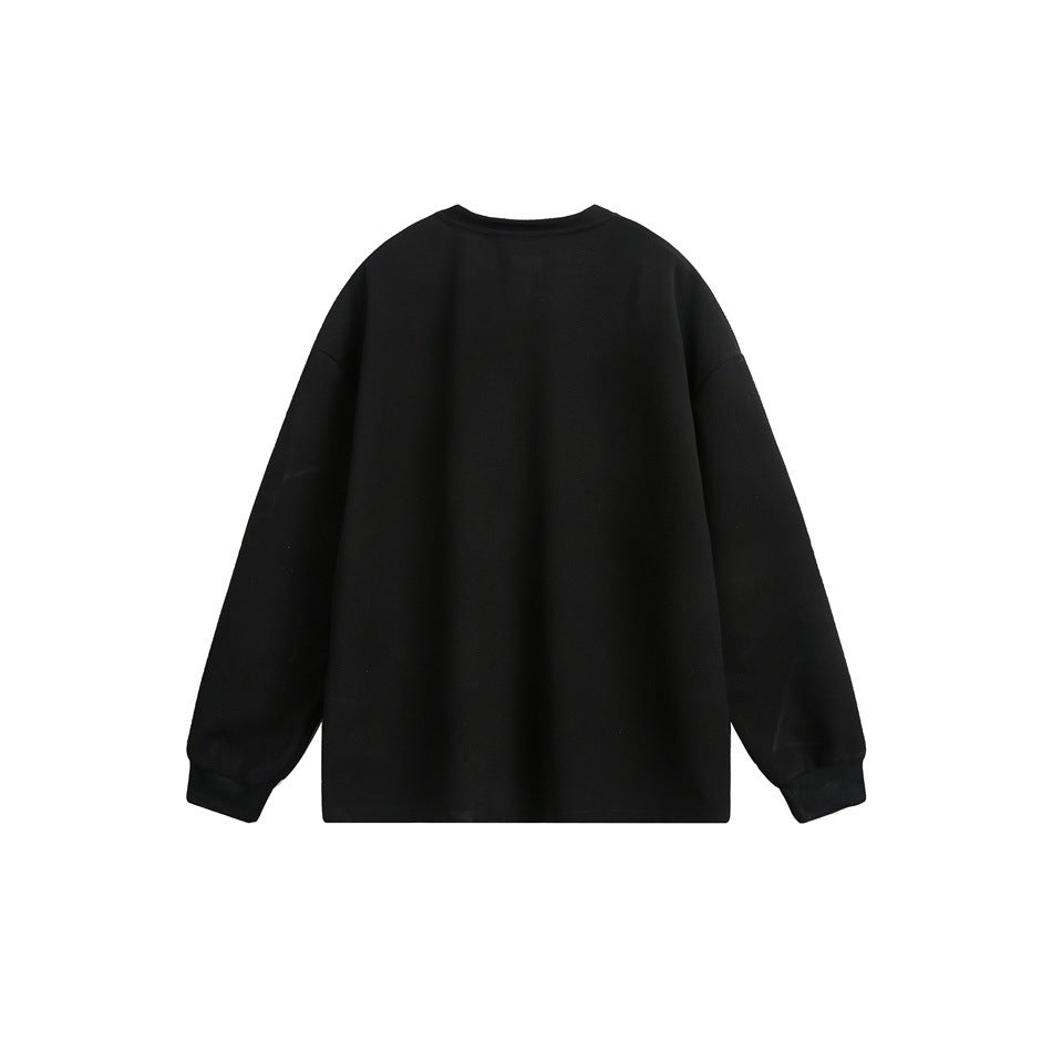 Back view of a black long-sleeve shirt with a crew neckline, relaxed shoulders, and ribbed cuffs.