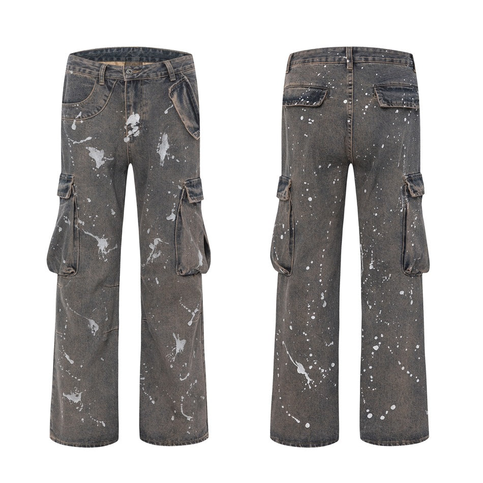 Charcoal-gray paint-splatter cargo jeans shown as separate front and back product views on a white background.