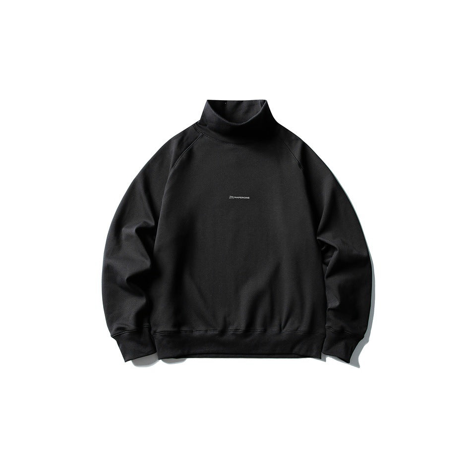 Black high-neck raglan-sleeve sweatshirt flat lay, front view, with small chest print and ribbed cuffs and hem