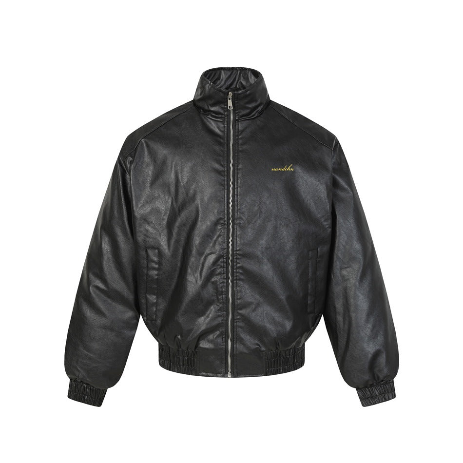Black leather-look bomber jacket with stand collar, front zipper, side pockets and elastic hem, front view