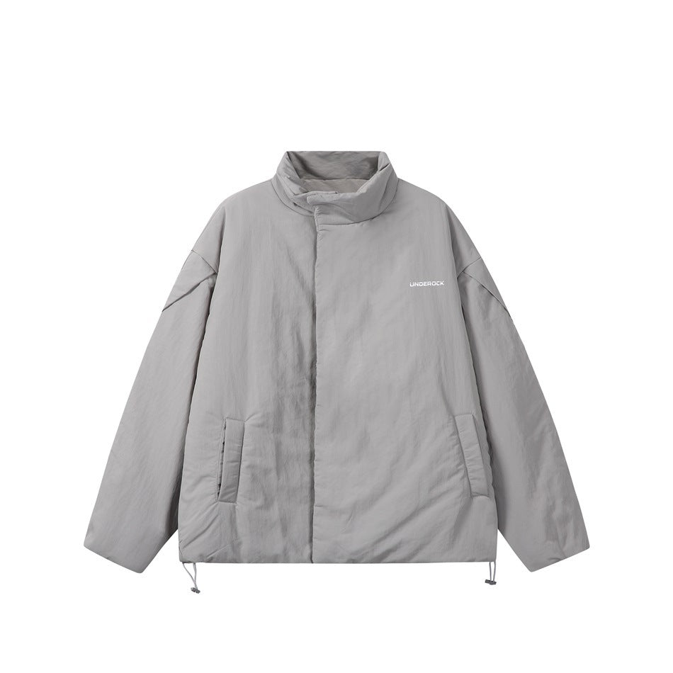 Gray stand-collar padded-look jacket, front flat view with side pockets and drawstring hem