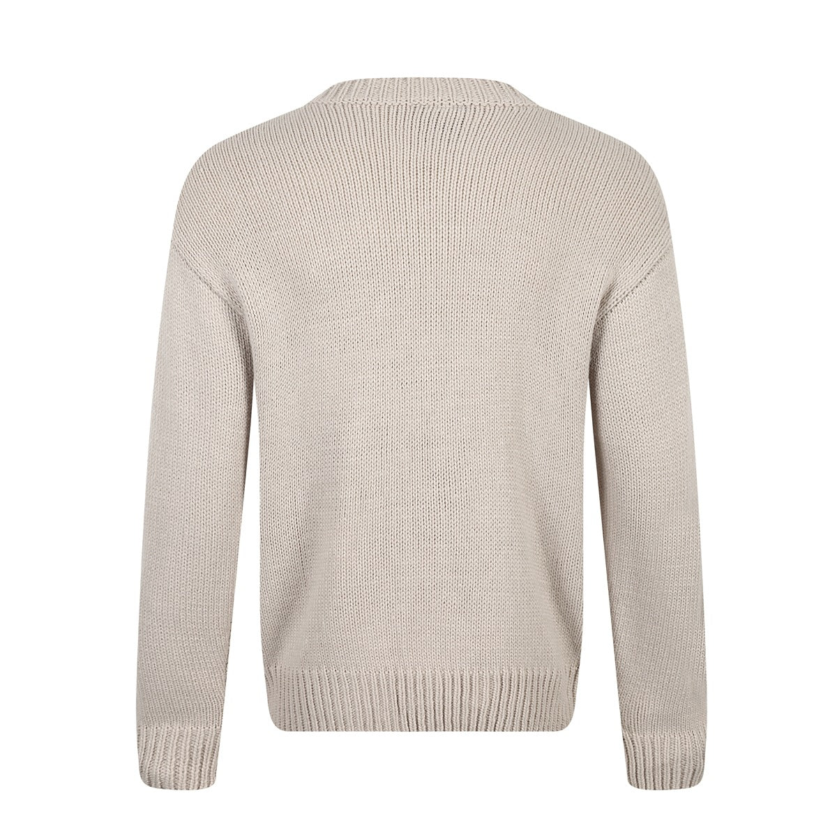 Back view of a plain cream knit sweater with a ribbed crew neck, cuffs, and hem.