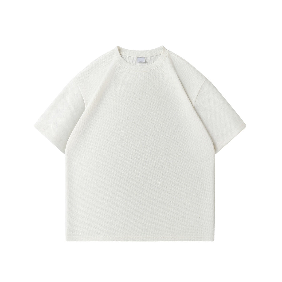 Off-white short-sleeve crew-neck T-shirt with textured knit fabric, flat front view