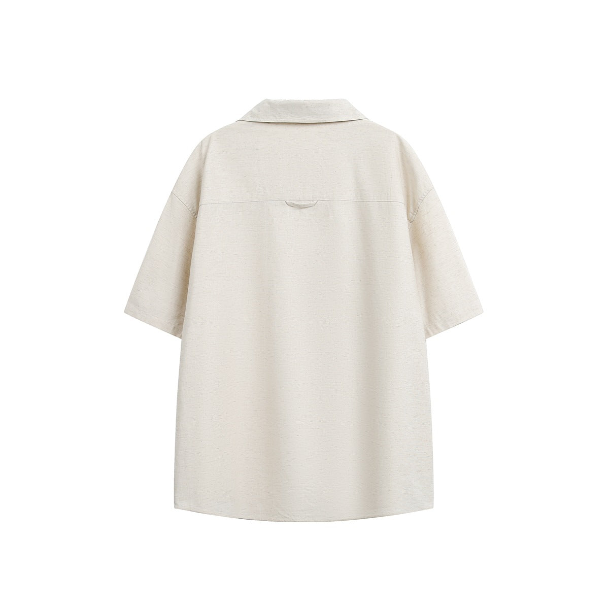 Back view of an oversized cream short-sleeve shirt with a wide collar and back yoke.