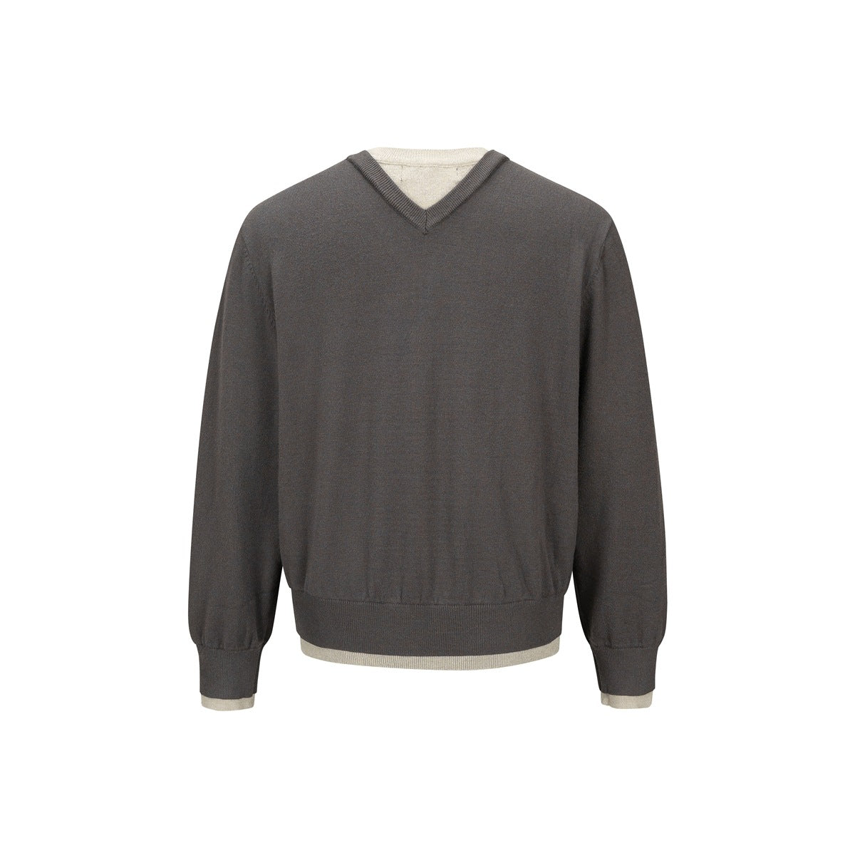 Front view of a charcoal long-sleeve V-neck sweater with beige contrast knit visible at the neckline, hem, and cuffs.
