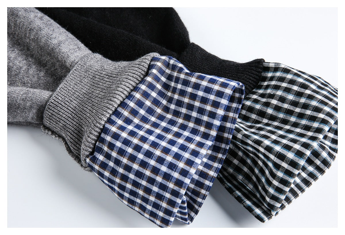 Close-up comparing gray and black sweater cuffs with navy-and-white and black-and-white checked fabric.