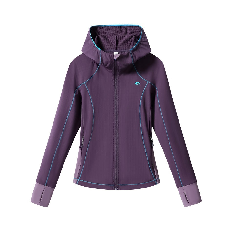 Purple full-zip hooded jacket with teal topstitching and lavender cuffs, flat front view
