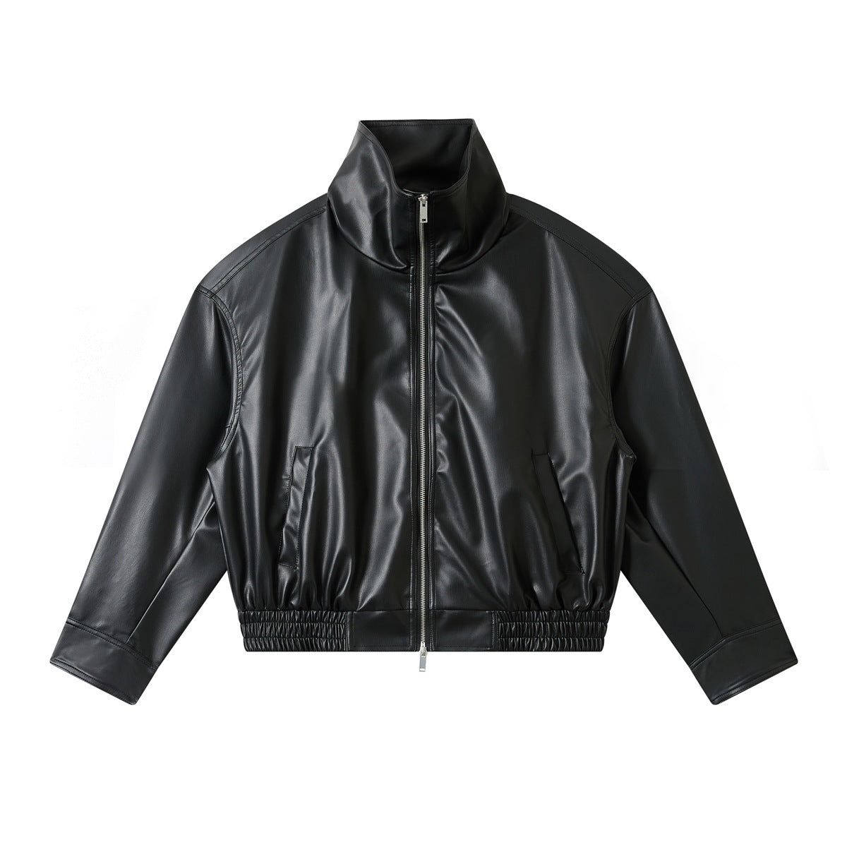 Black cropped faux-leather zip jacket with stand collar, front pockets and elastic gathered hem, flat front view