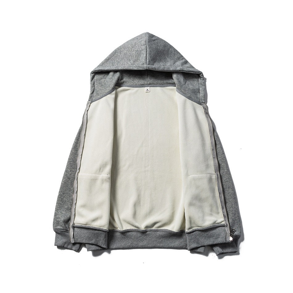 Gray zip-front hoodie opened flat to show its light-colored interior lining and front pockets.
