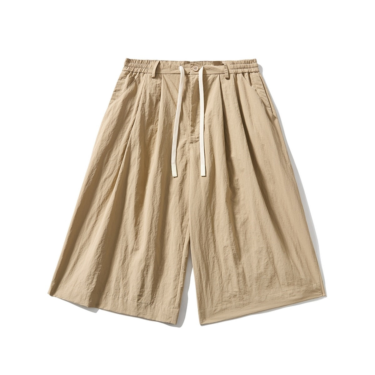 Khaki wide-leg pleated knee-length shorts with elastic waistband and cream drawstring, front flat lay