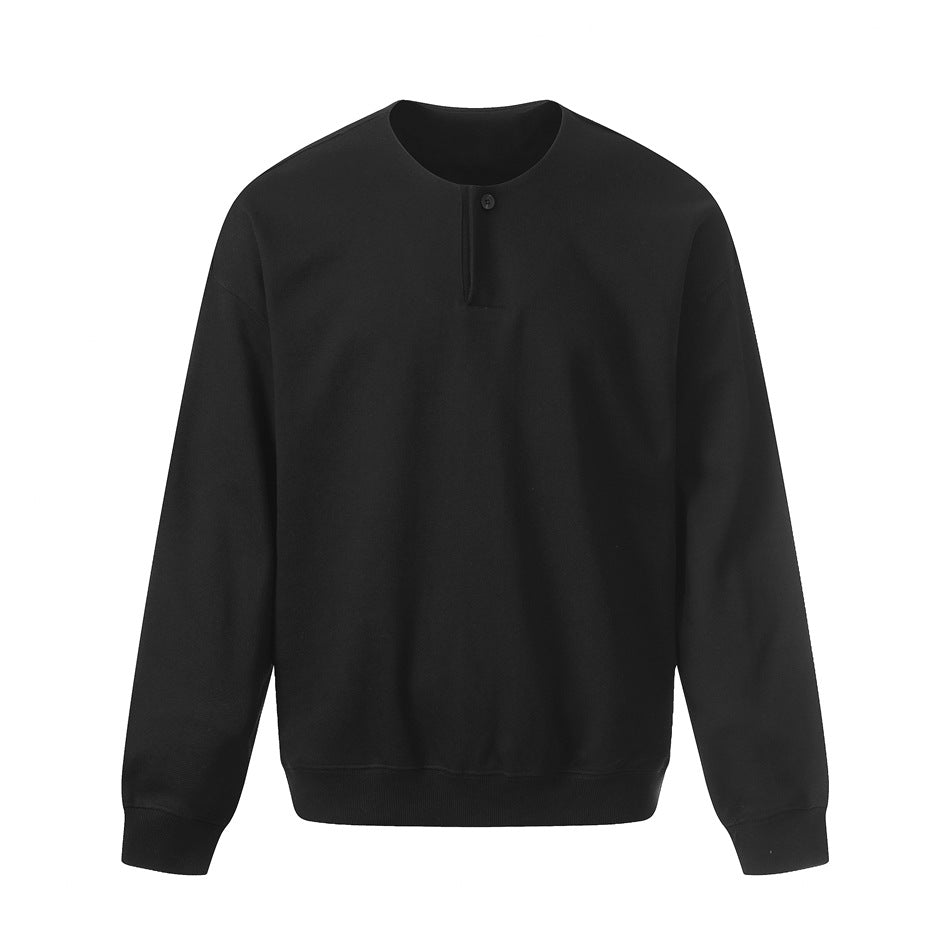 Black long-sleeve sweatshirt with round neckline, single-button placket and ribbed cuffs and hem, flat front view
