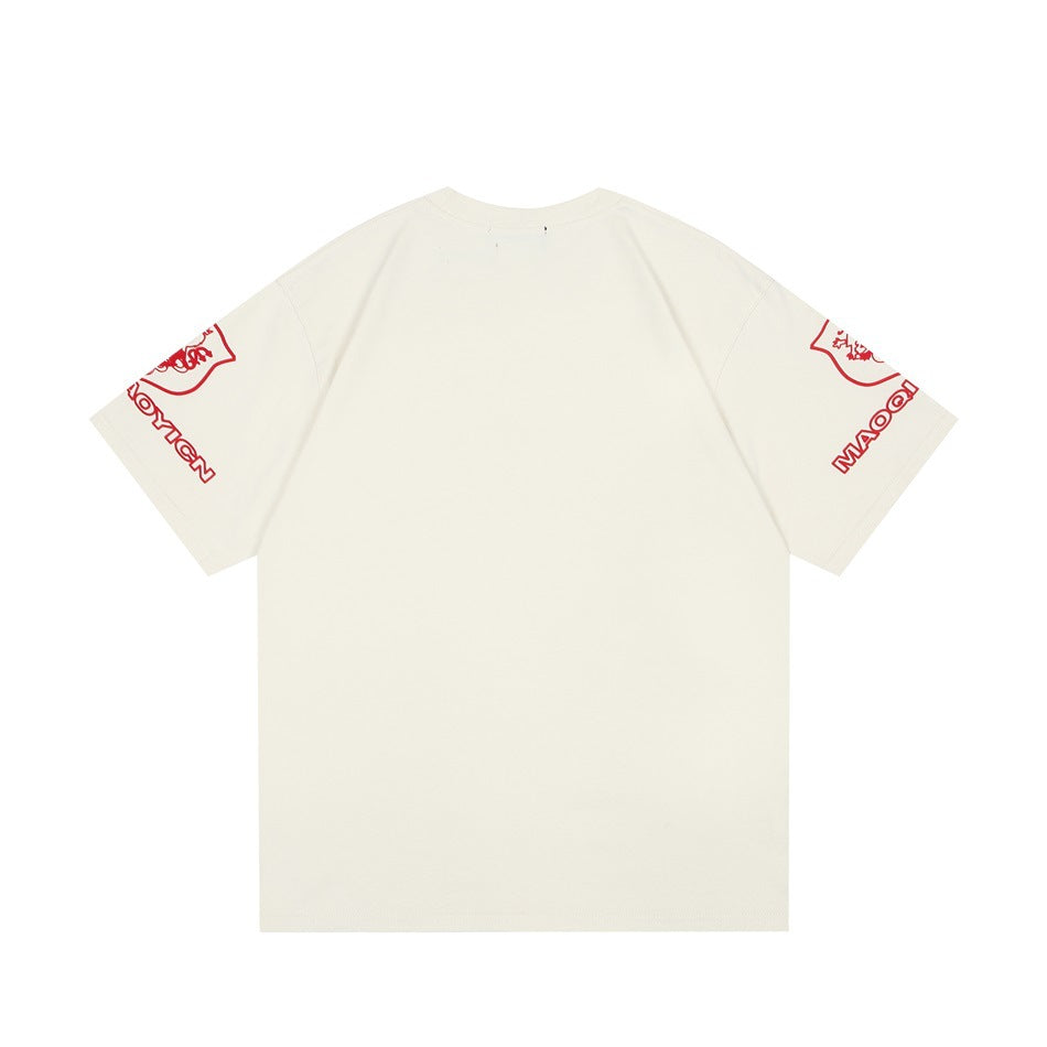 Apricot short-sleeve t-shirt back view, plain back with red crest and lettering on both sleeves, flat lay