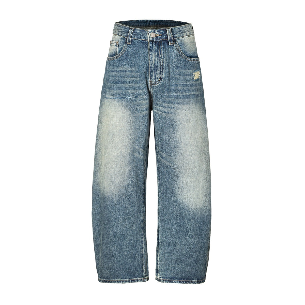 Front of washed blue barrel-leg jeans with faded thigh patches, whiskering, button fly and a small distressed patch