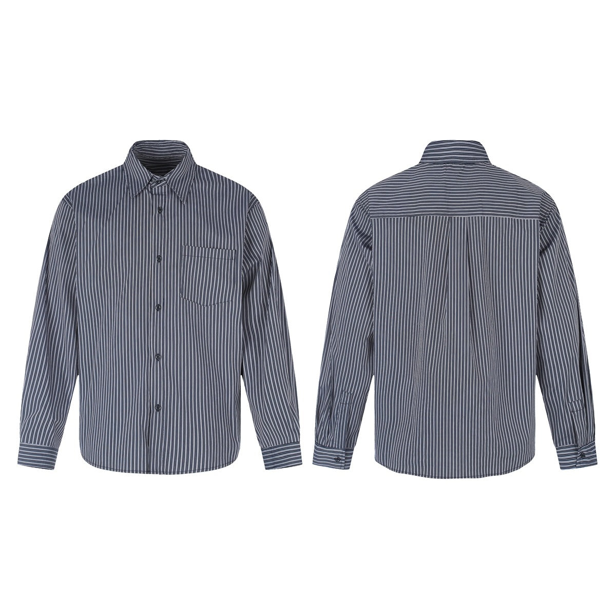 Front and back views of a dark, thinly striped long-sleeve button-up shirt with a chest pocket.