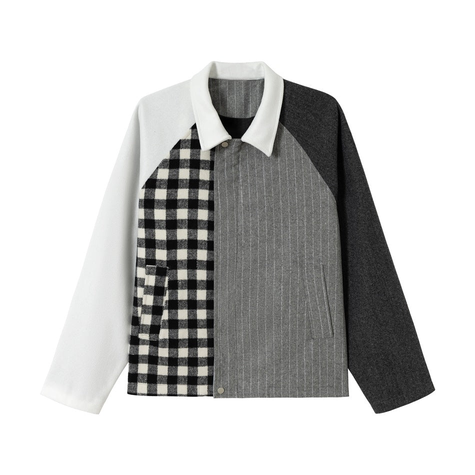 Gray colorblock jacket with white collar, black-white gingham left front, gray pinstripe right front and contrasting sleeves