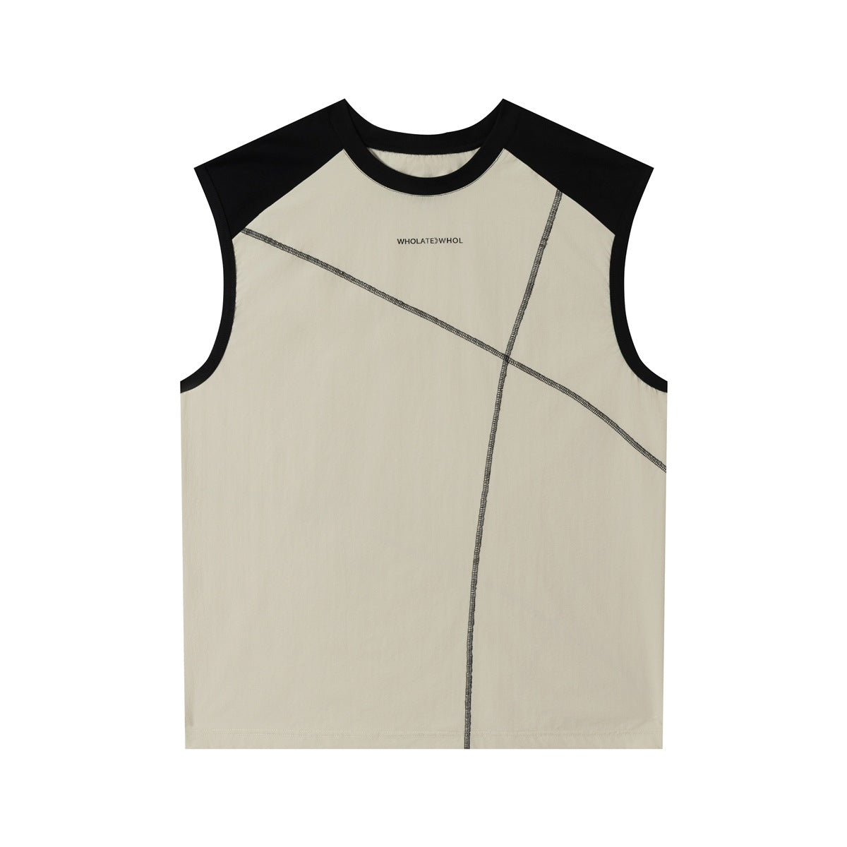 Beige sleeveless tank top with black raglan shoulders and diagonal dark contrast stitching, front view