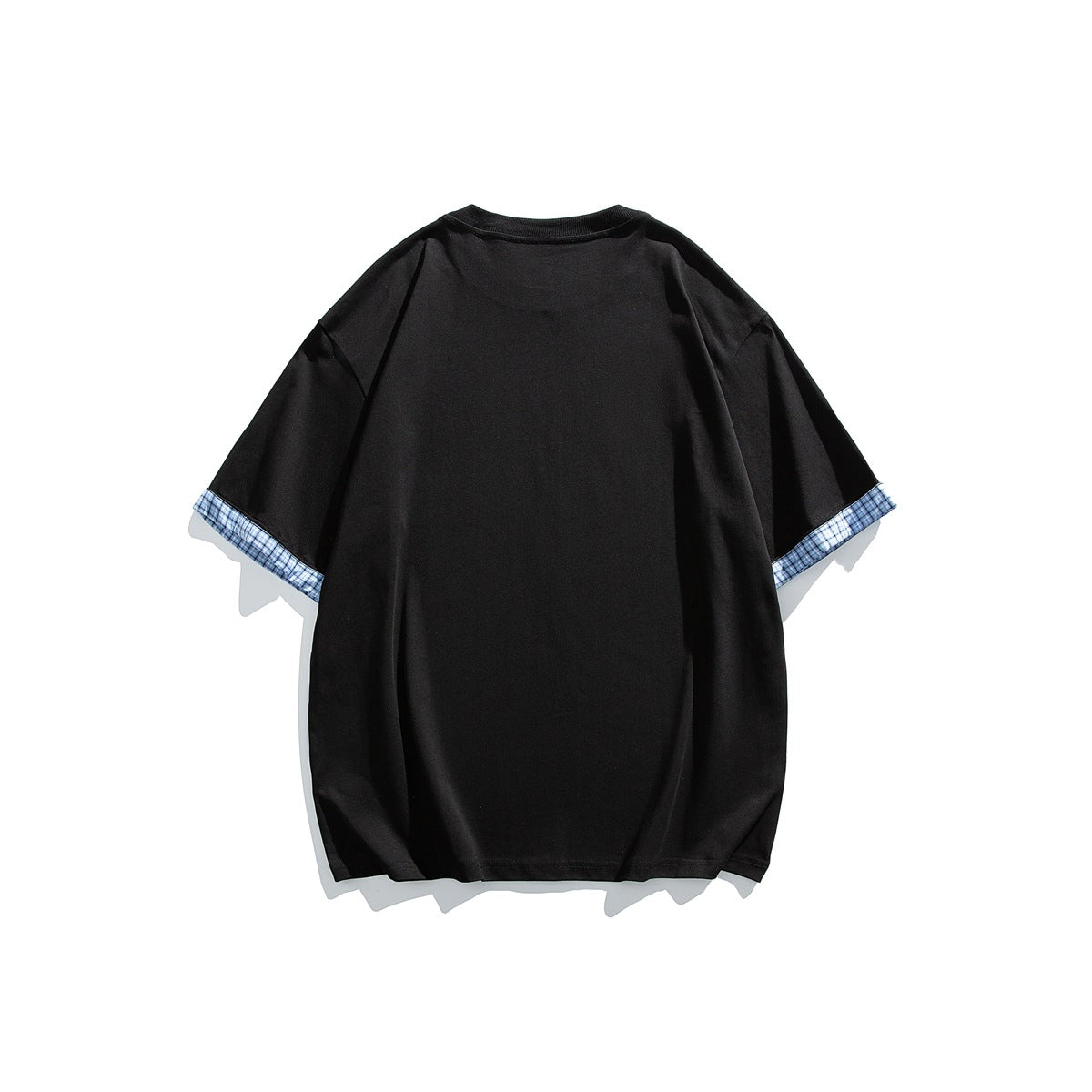 Back view of black short-sleeve crewneck T-shirt with blue plaid cuffs on the sleeve hems, flat lay