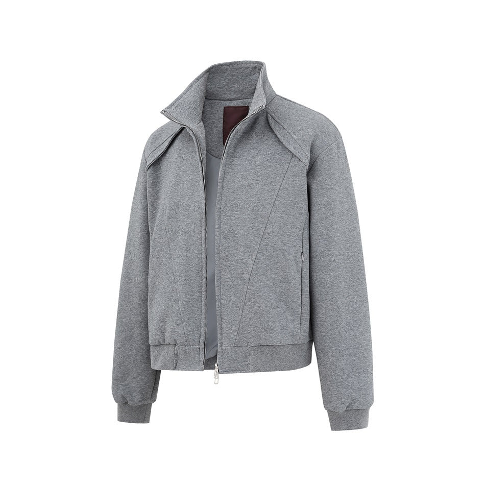 Heather gray full-zip stand-collar jacket shown at a three-quarter angle with ribbed cuffs and hem