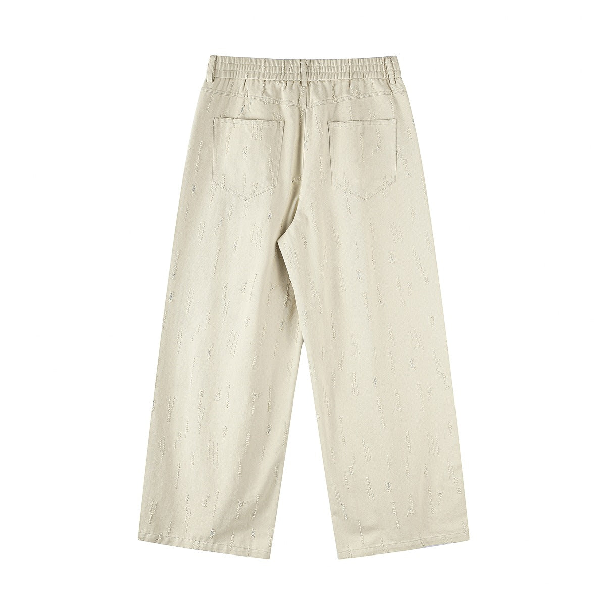 Back view of light beige wide-leg trousers with an elastic waistband, two patch pockets, and scattered details.