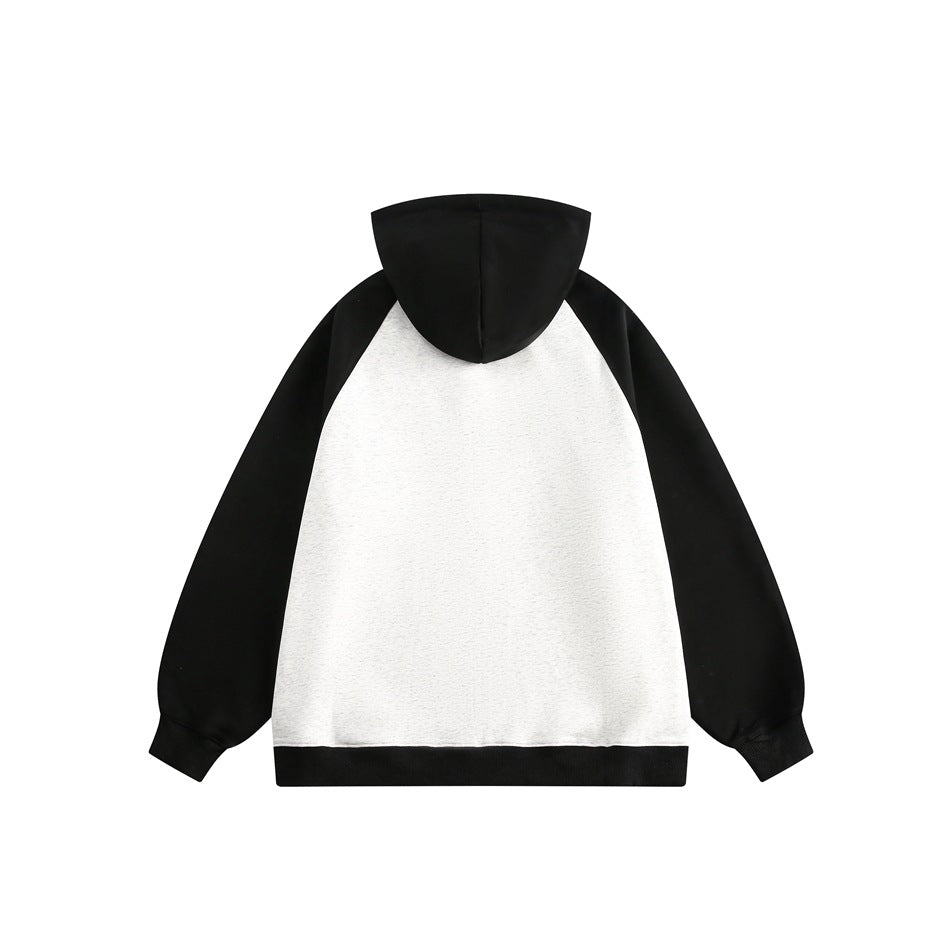 Back view of black and gray hoodie with black hood, raglan sleeves, cuffs and hem band on a plain gray back