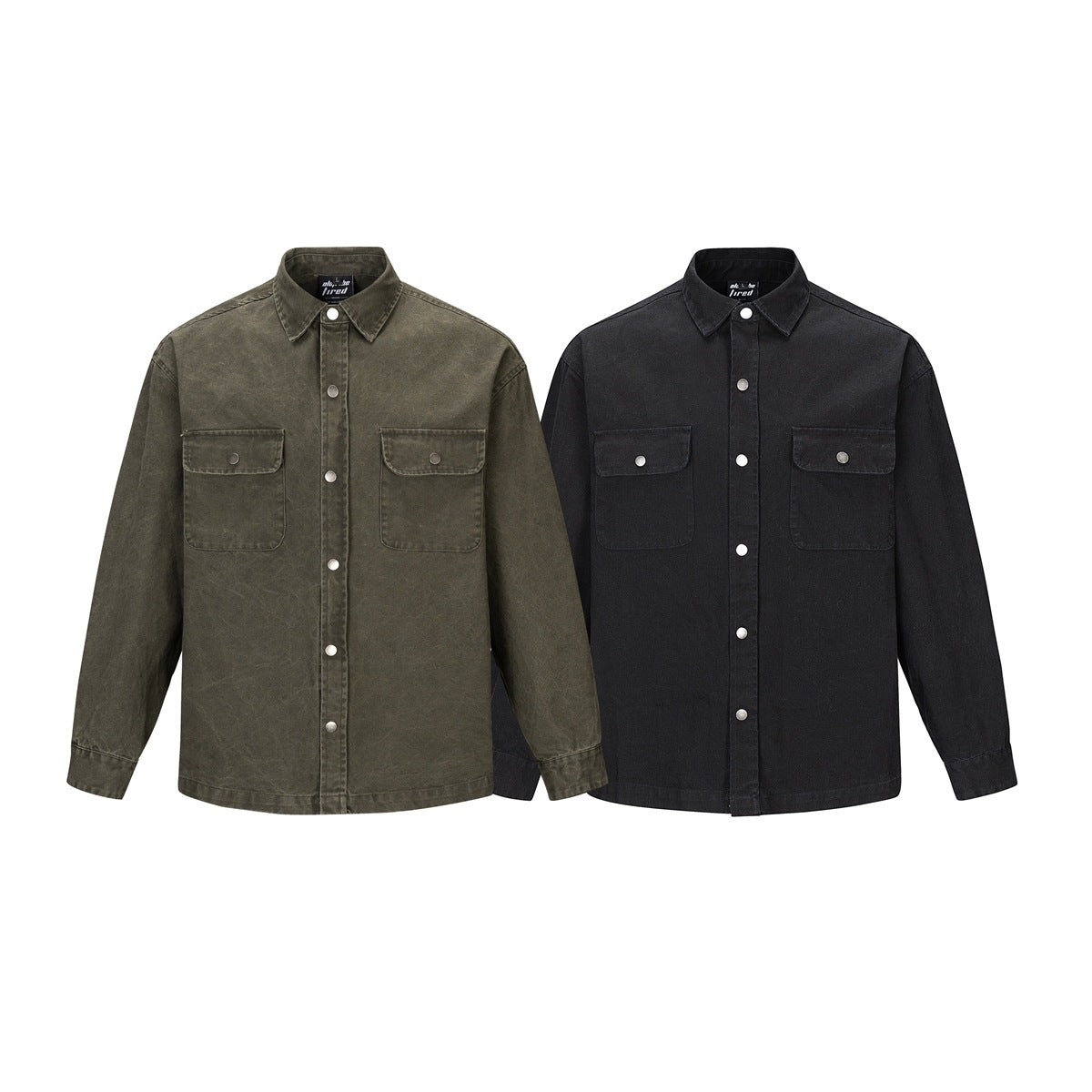 Two long-sleeve button-front shirts with chest pockets, shown in olive gray and black.