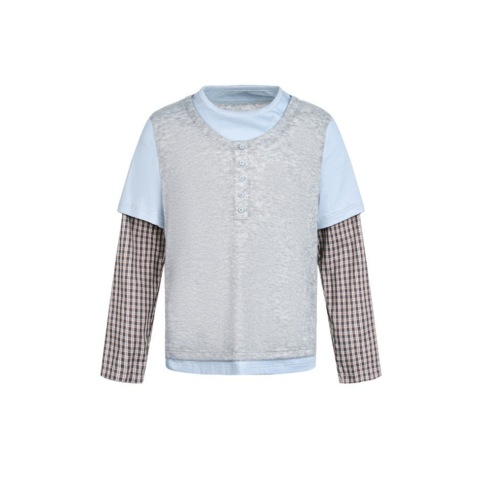 Gray textured Henley-style top with light blue sleeves and hem layer and plaid long sleeves, front flat view