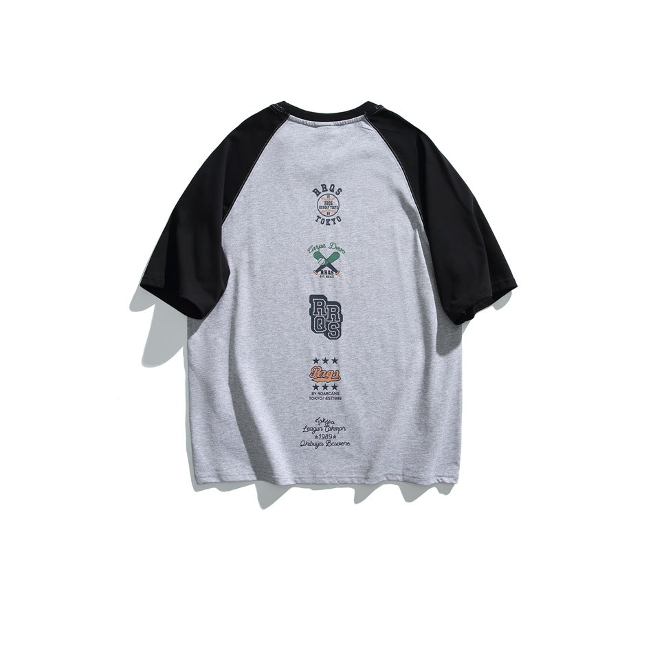 Gray short-sleeve raglan T-shirt with black sleeves and a vertical stack of small graphic prints on the back