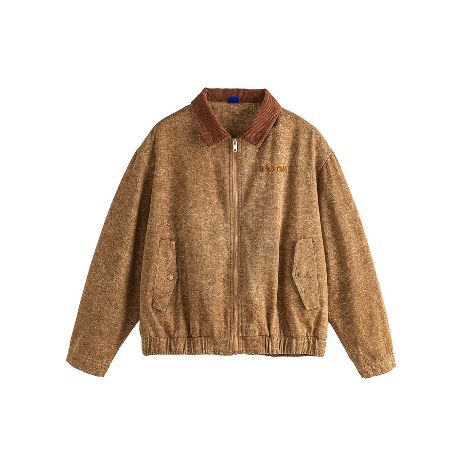 Khaki-brown washed zip-front jacket with brown corduroy-style collar, flap pockets and elastic hem, flat front view