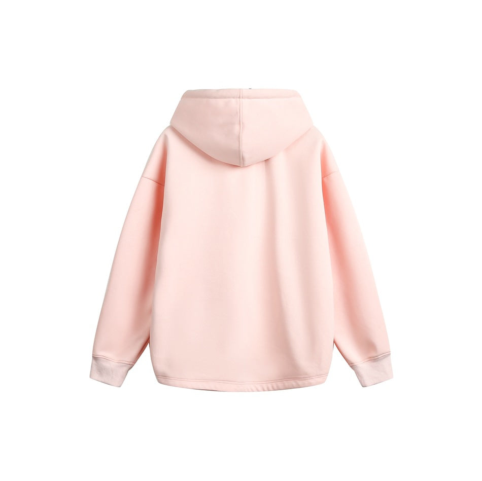 Back view of a plain pale pink hoodie with a hood, long sleeves, ribbed cuffs and hem.