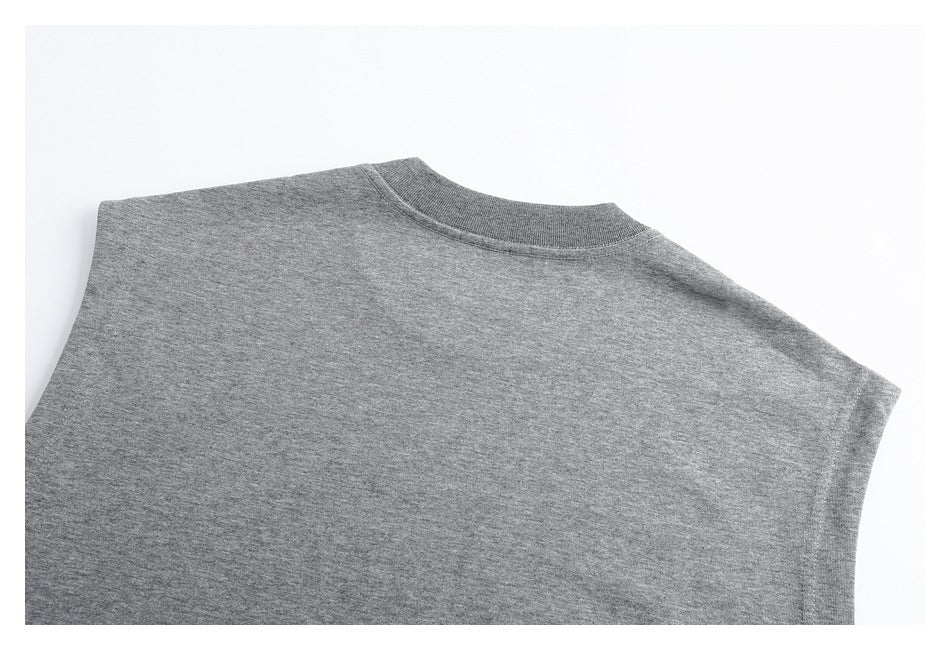 Upper back of a heather gray sleeveless crew-neck top laid flat on a white background.