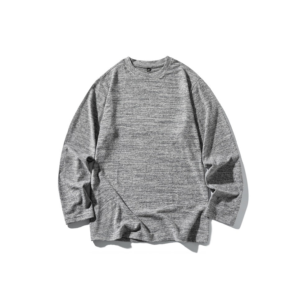 Heather gray marled knit long-sleeve crew-neck top laid flat, front view