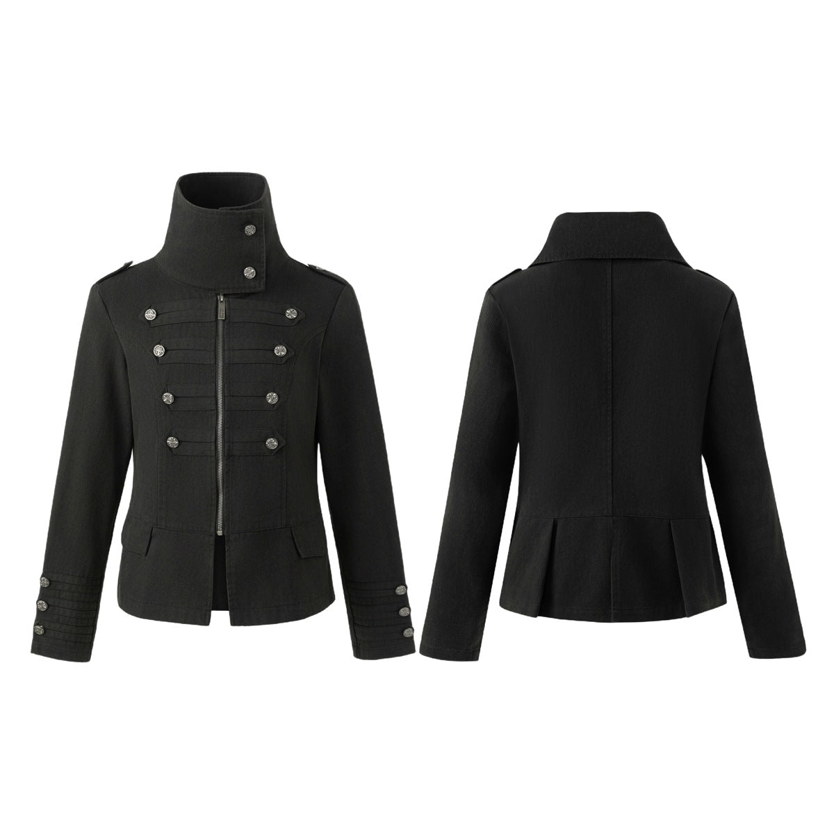 Black jacket shown from the front and back, with a high collar, center zipper, decorative buttons, and flared hem.