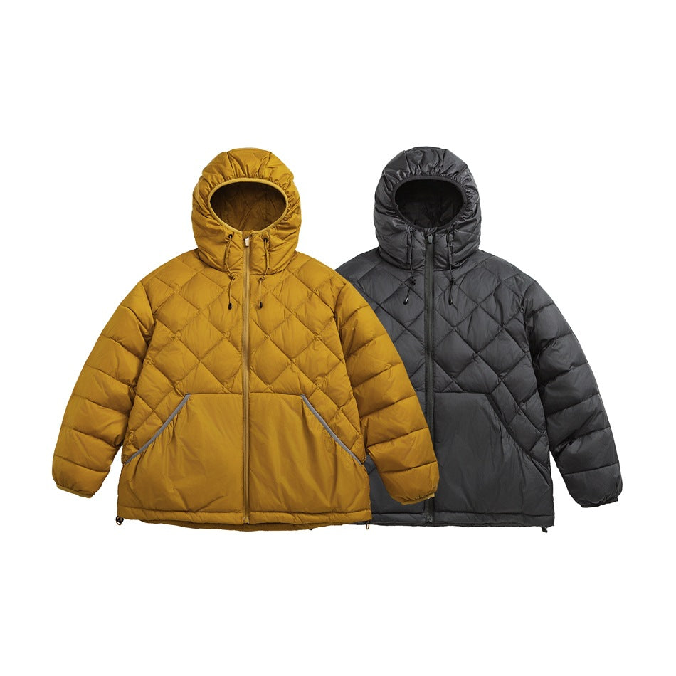 Front view of two hooded quilted jackets, one mustard and one charcoal gray, displayed together.