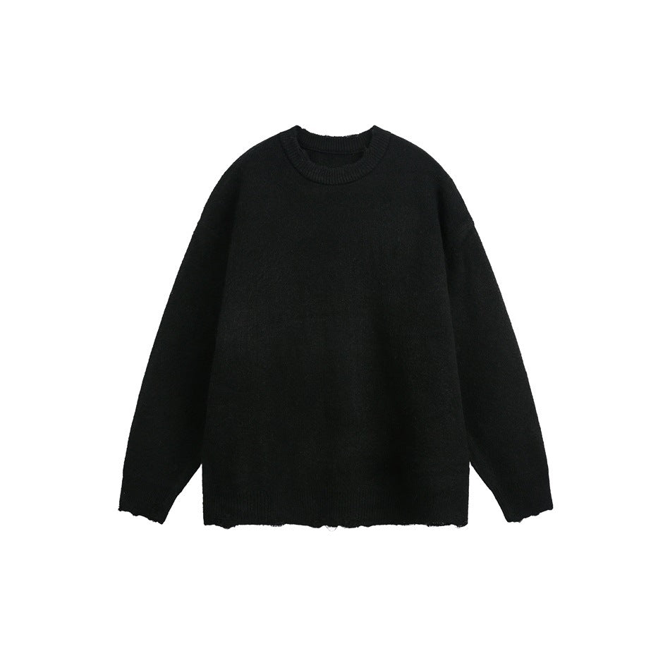 Black knit crew-neck sweater with distressed hem and relaxed fit, flat front view