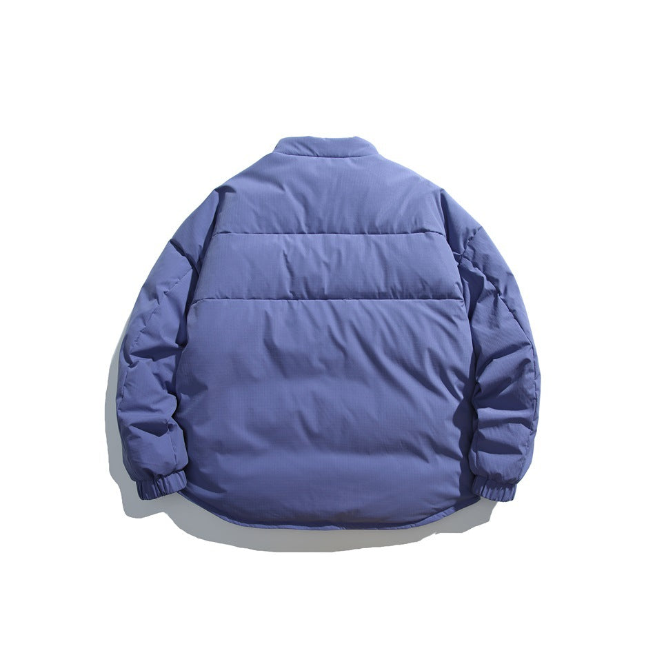 Back view of a blue padded jacket with a high collar, horizontal quilting and elasticated cuffs.