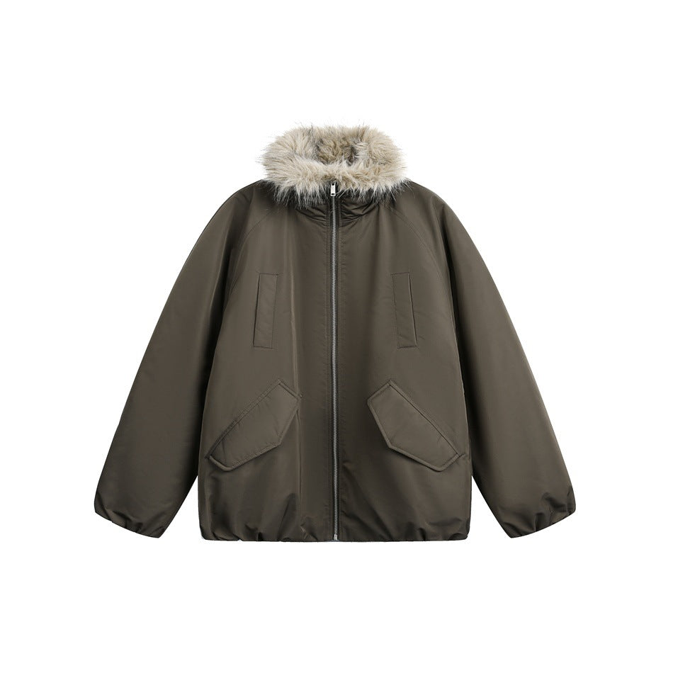 Dark olive-brown zip-up jacket with fluffy faux-fur-style collar, flap pockets and gathered hem, flat lay