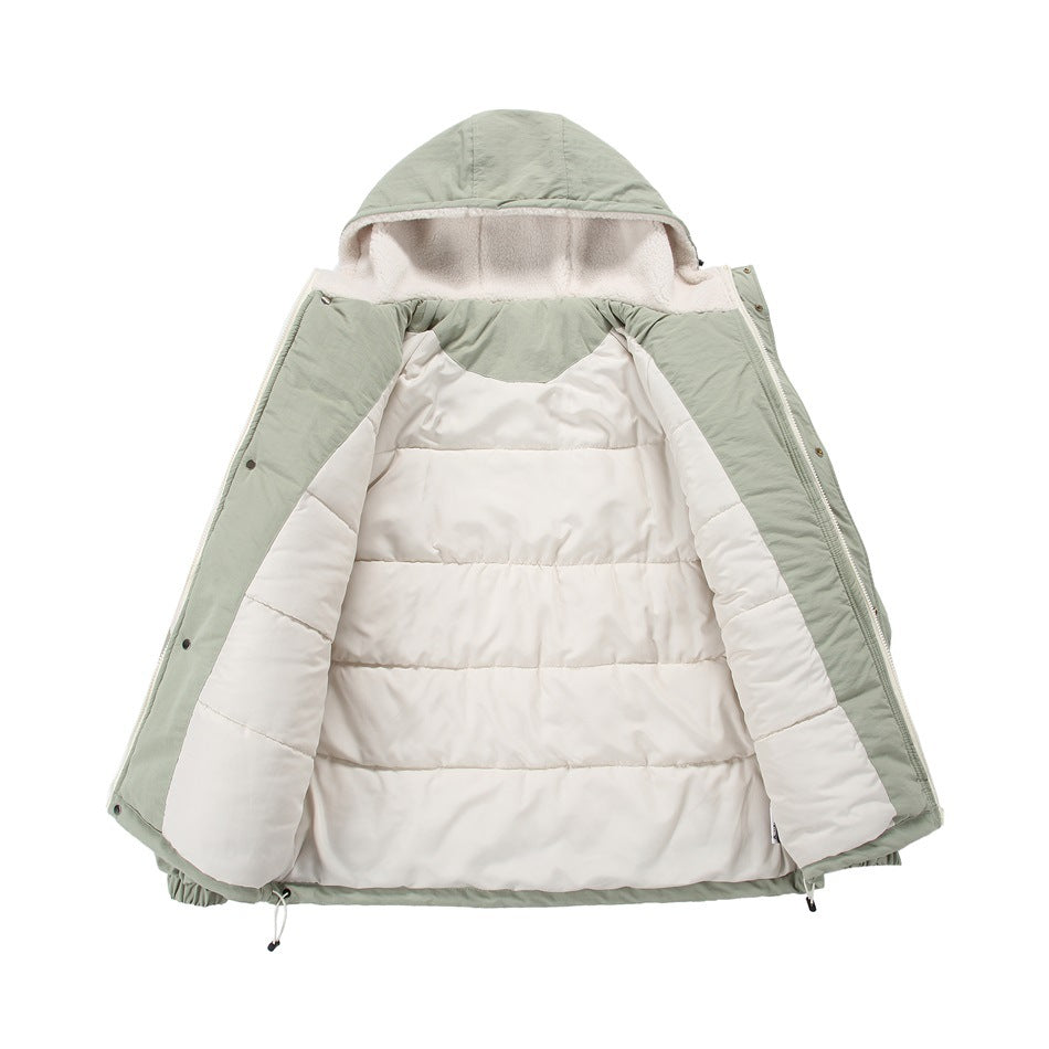 Sage-green and cream hooded jacket opened to show its light quilted interior lining and fleece-lined hood.