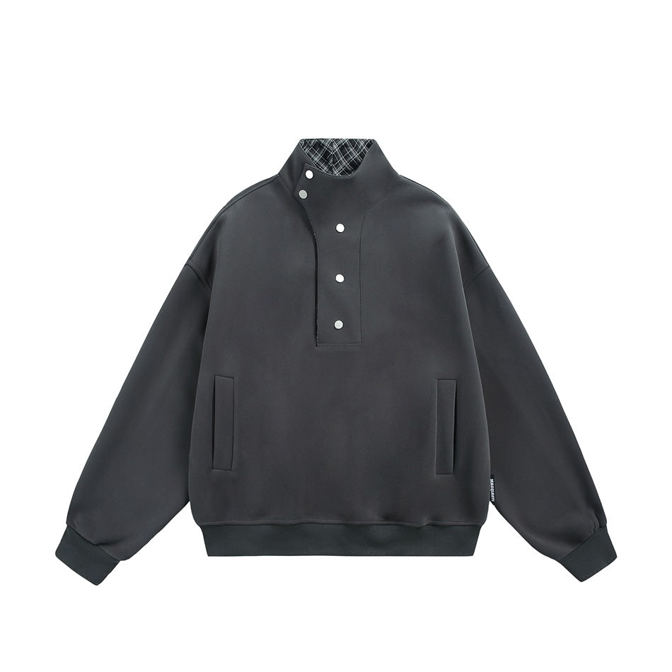 Dark gray stand-collar sweatshirt flat lay with snap placket, slit pockets and ribbed cuffs and hem