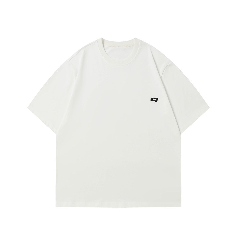 White short-sleeve crew neck T-shirt flat lay with small black logo mark on left chest